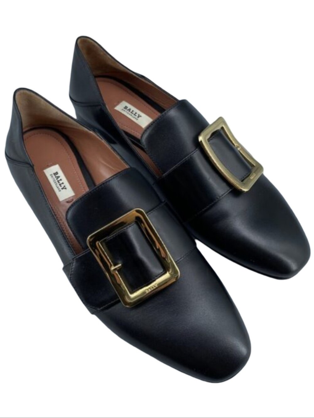 Bally Janelle Black Leather Square Buckle Loafers Flats Mules Shoes 38.5